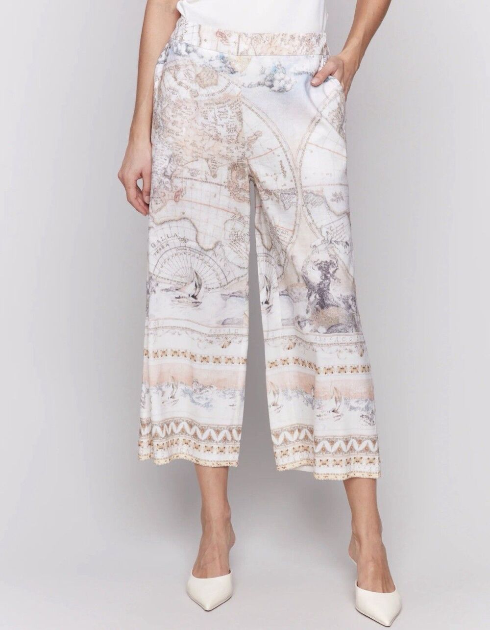 Charlie B Linen Crop Wide Leg Pants Womens Size 4 Atlas Map Print Old Money Boho